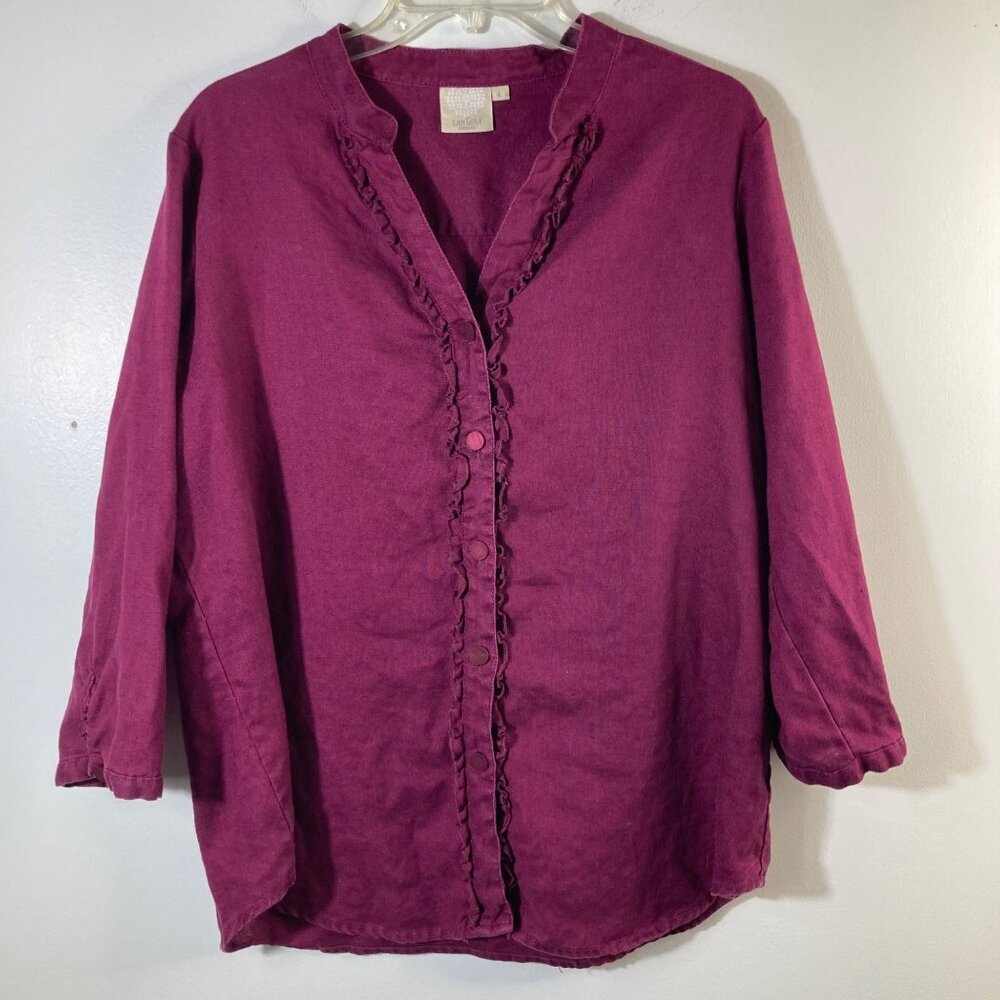 Womens Lantana V Neck Linen Ruffle Button Shirt Burgundy L Linen 3/4 Sleeve